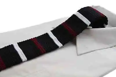 Knitted Black White & Maroon Striped Patterned Neck Tie • $7.33