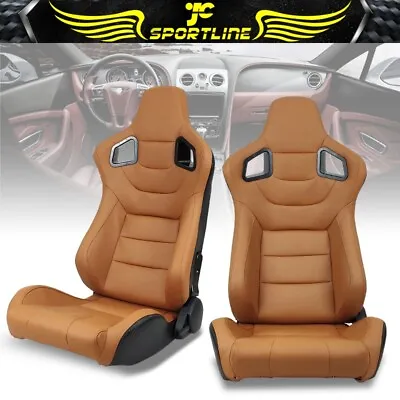 Universal Pair Reclinable Racing Seats & Dual Sliders Brown PU & Carbon Leather • $321.99