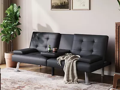 Black Faux Leather Futon Sofa Bed - Convertible Sleeper Sofa With Mattress Frame • $208.88