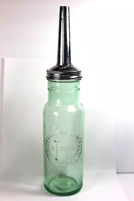 Standard Oil Company Service Indiana Oil Bottle * Rare Green Glass *  Pat. Spout • $395