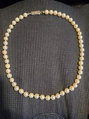 Nana's MIKIMOTO AKOYA PEARL NECKLACE SILVER CLASP 16” Long  5-6 MM PEARLS • $450