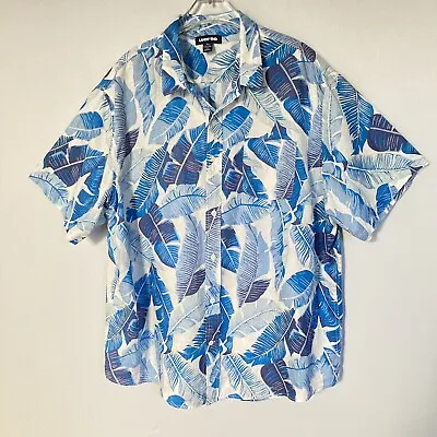 Lands End Hawaiian Shirt Mens XL 100% Linen Blue Palm Print Tropical Camp • $15