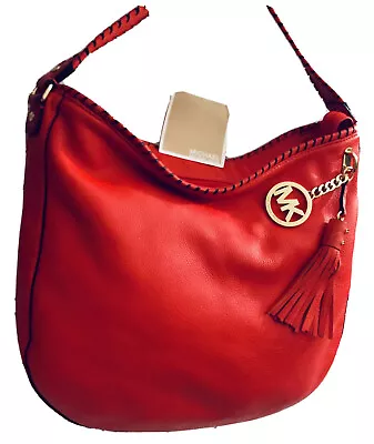 Michael Kors Shouldr Shopper Hobo Tote Bag Red Lthr Gold Tag Tassel Whip Stitch • $129