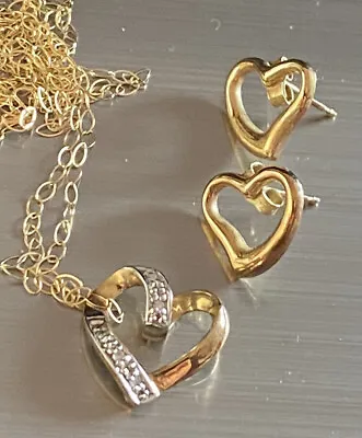 9ct Gold Diamond Heart Pendant Necklace 46cm Chain + 9ct Gold Earrings Set Boxed • £95