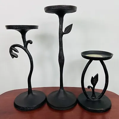 Set 3 Pottery Barn Botanical Pillar Candle Holders Leaf Hammered Iron XL L & M • $59.99