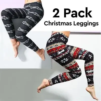 2 Pack Christmas Pattern Fleece Lined Leggings Ladies Thermal Winter High Waist • £8.99