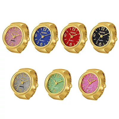 Mens Womens Gold Tone Glitter Round Dial Elastic Band Finger Quartz Ring Watches • $9.49