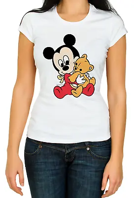 Baby Mickey Mouse Love Bear Toy Funny 3/4 Short Sleeve Woman T Shirt K446 • $12.24