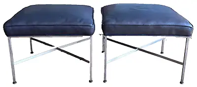 2 McCobb Calvin Metal Leather X Base Stool Bench Ottoman Chair Table Vtg Mcm • $1400