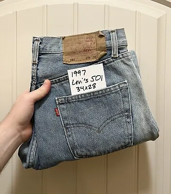 1997 Vintage Levi's 501 Made In USA Light Wash Distressed Denim Jeans • $35.70