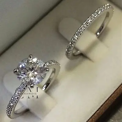 Moissanite Bridal Set Engagement Ring Round Cut 2.50 Carat Solid 14K White Gold • $215.86
