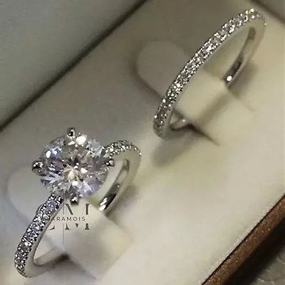 Round Cut 2.50 CT Moissanite Bridal Set Engagement Ring Solid 14K White Gold • $215.86