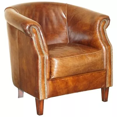 Aged Heritage Brown Leather Biker Tan Club Tub Armchair Must See Lovely Patina!! • $1056.85