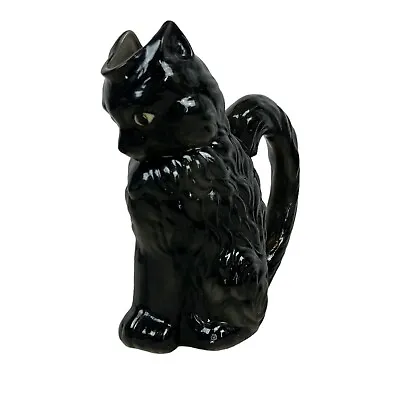 $50 • Buy Vintage Ceramic MCM Black Cat Vase Handle Green Eyes Pitcher