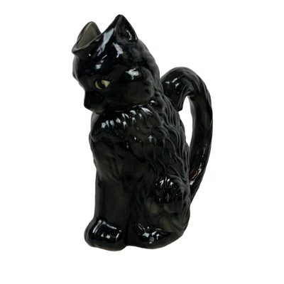 $50 • Buy Vintage Ceramic MCM Black Cat Vase Handle Green Eyes Pitcher