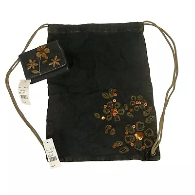 Vtg 80s Dark Denim Floral Beaded Drawstring Bag W/Wallet NWT Backpack READ • $15.99