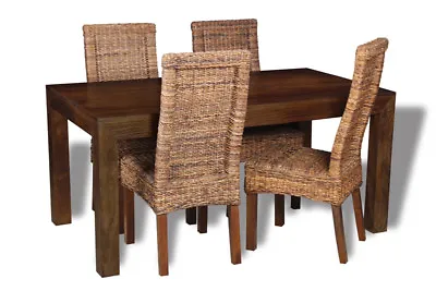 Solid Mango Wood 160cm Dining Table & 4 Rattan Chairs New Indian Furniture  • £747.25