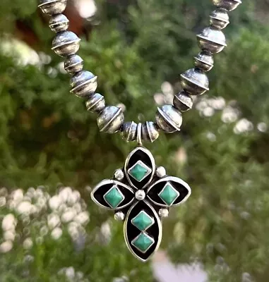Vintage Navajo Bead Necklace With Zuni Cross Cerrillos Turquoise • $66
