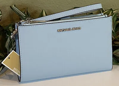 Michael Kors Jet Set Double Zip Wallet Phone Case Mk Wristlet Vista Blue Leather • $75.99