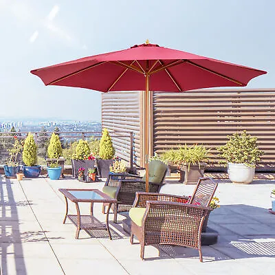 (3m) Fir Wooden Garden Parasol Bamboo Sun Shade Patio Outdoor Umbrella Canopy • £49.99