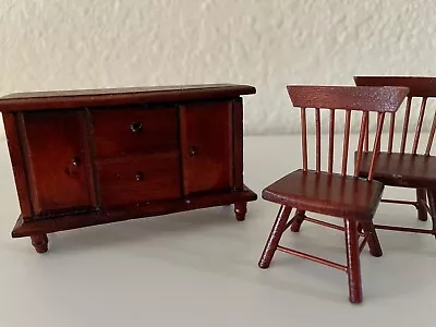 Wooden Dollhouse Miniature Furniture Lot Red Mahogany Dresser And 2 Chairs 1:12 • $19.99