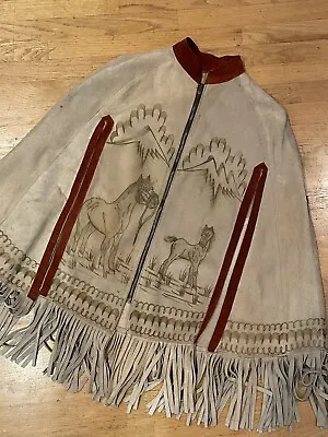 Vintage Suede Poncho Cape Suede Leather With Fringe 1970s? Western Wearable Art • $170.99