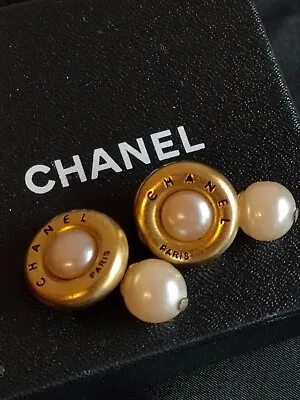 Chanel Logo Pearl Cuffs Cufflinks Button Gold Plated Men's Accessory Vintage • $389