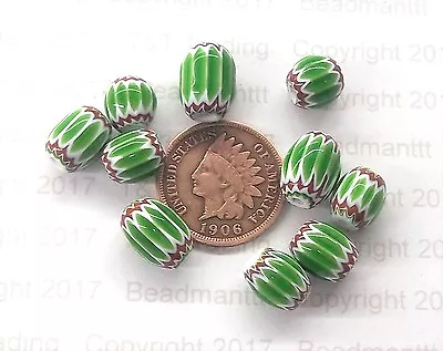 Vintage Authentic GREEN Venetian Chevron Trade Beads Murano  8x11mm { 8 Beads }  • $17.55