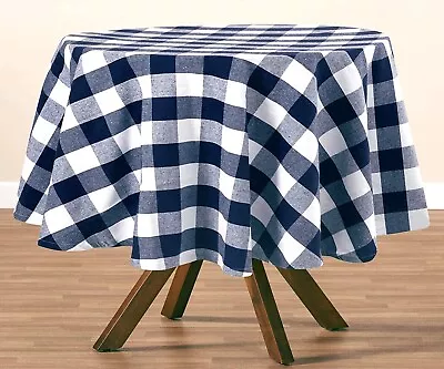 60  Round Checkered Tablecloth Gingham Tablecloth Navy Blue Plaid Tablecloth • $28.49