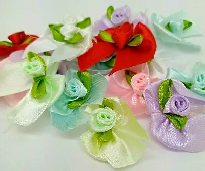 30 Mixed Satin Ribbon Flower Buds With Bow Craft Scrapbooking Wedding Knitting • £2.85