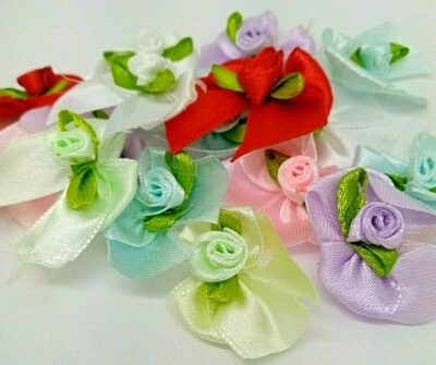 30 Mixed Satin Ribbon Flower Buds With Bow Craft Scrapbooking Wedding Knitting • £2.85