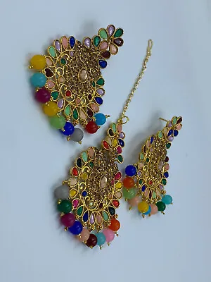 Multicolor Indian Style Tikka And Earrings Set - Jhumka And Tikka Set • $19.99