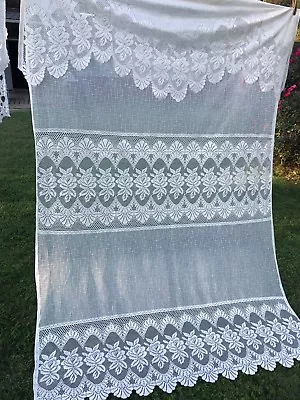 Vintage Ivory Floral Polyester Lace Curtain Panel With Built In Valance • $10.95