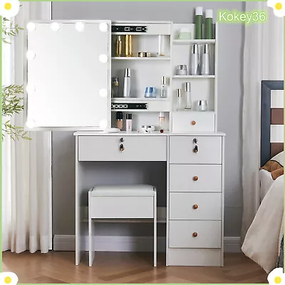 Bedroom Dressing Table With LED Mirror Makeup Desk Vanity Table Set And Stool UK • £134.76