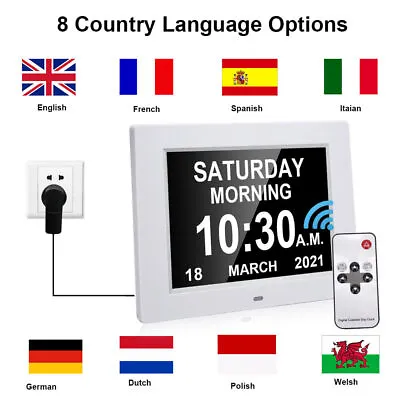 Extra Large Dementia Clock 8  Digital Calendar Day Clocks LED Alarm Clock UK • £33.59