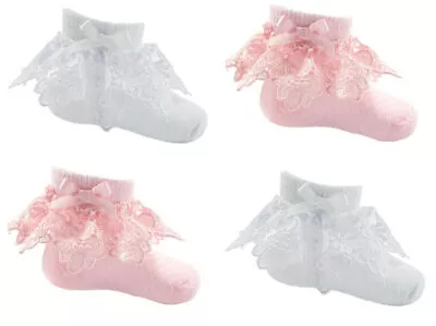 Baby Girls Lace Bow Frilly Socks Tiny Sequins White & Pink Soft Touch 0-12 Month • £3.95