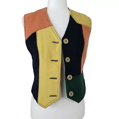 Moschino Patchwork Wool Vest Size 6 Zig Zag Stitching Yellow Orange Black Green • $199.99