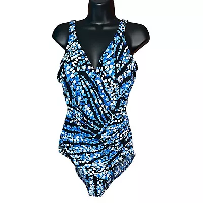 Miraclesuit Blue Print One Piece Swimsuit Tummy Control Women’s Size 14 • $39.99