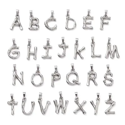 Stainless Steel Silver Bamboo Wood Branch Initial Monogram Letter Charm Pendant • $6.79