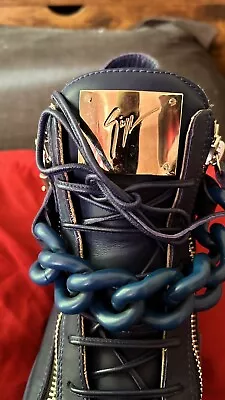 Giuseppe Zanotti Blue Leather Zipper Chain High-Top Sneaker Men’s Size 44 | NEW • $200