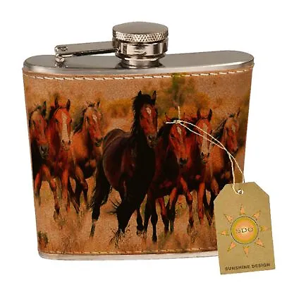 Wild Mustang Horses Western Prairie Leather Pocket Hip Flask • $16