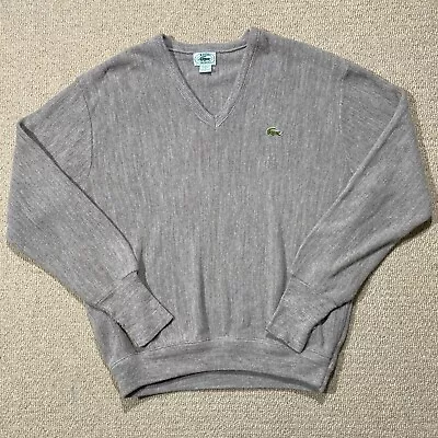 VINTAGE Izod Lacoste Jumper Mens Large Grey Knit V Neck Sweater Pullover USA • £24.99