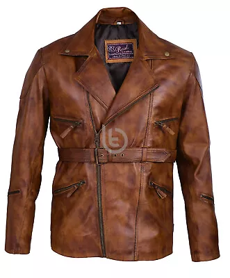 Leather Jacket For Men Distressed 3/4 Long Coat Eddie Bomber Real Biker Brown • $119.99