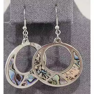 Silver Inlaid Abalone Shell Round Dangle Fish Hook Earrings 2.5 Inches Long • $35