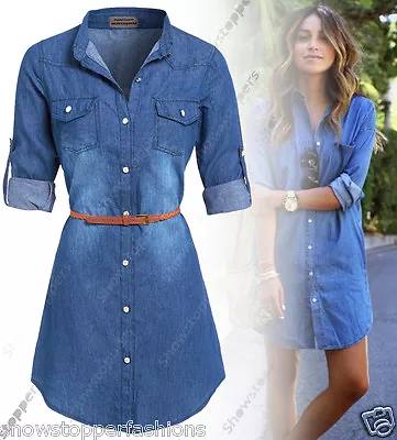 £24.95 • Buy NEW Womens Longline Denim Shirt Dress Ladies Jean Dresses Size 8 10 12 14 