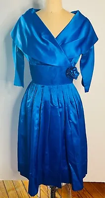 Vtg 50's Blue Satin Shawl Collar Rosette Fit&flare Cocktail Dress*has Spots*s • $39.99