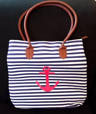 Chi Nautical Canvas Tote Bag Navy White Striped Red Anchor • $10