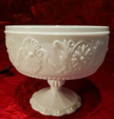 Vintage INDIANA GLASS Milk Glass Scrolled Floral Pedestal Candy Dish  • $23.99