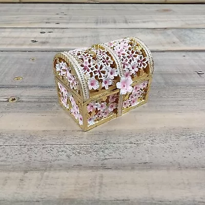 Small Gold Tone And Pink Floral Trinket Box Flower Design Jewelry Chest Hinged • $9.95
