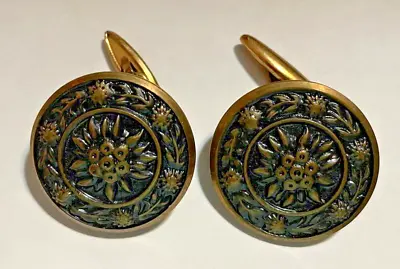 Vintage Dark Goldtone Metal Cufflinks Round Flower & Garland Design • $6